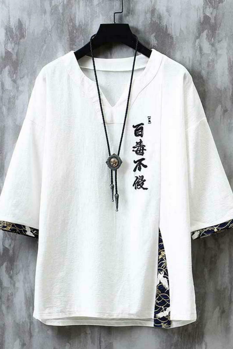 新中式风刺绣百毒不侵短袖t恤复古五分袖男A087-1-YM911-P55,男装T恤,电商A087-1