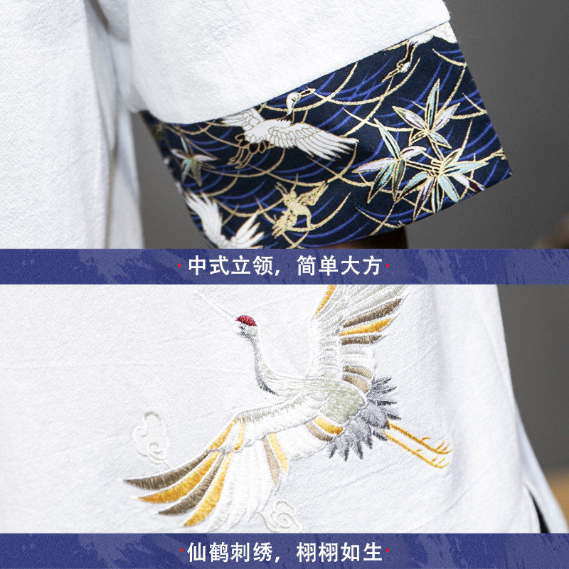 新中式夏季薄款仙鹤刺绣V领盘扣五分袖T恤男A087-1-YM901-P55,男装T恤,电商A087-1