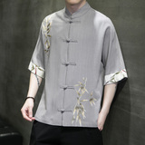 新中式亚麻盘扣五分袖衬衫竹叶刺绣拼接古装衬衣A087-1-YM616-P75，男装T恤，电商A087-1