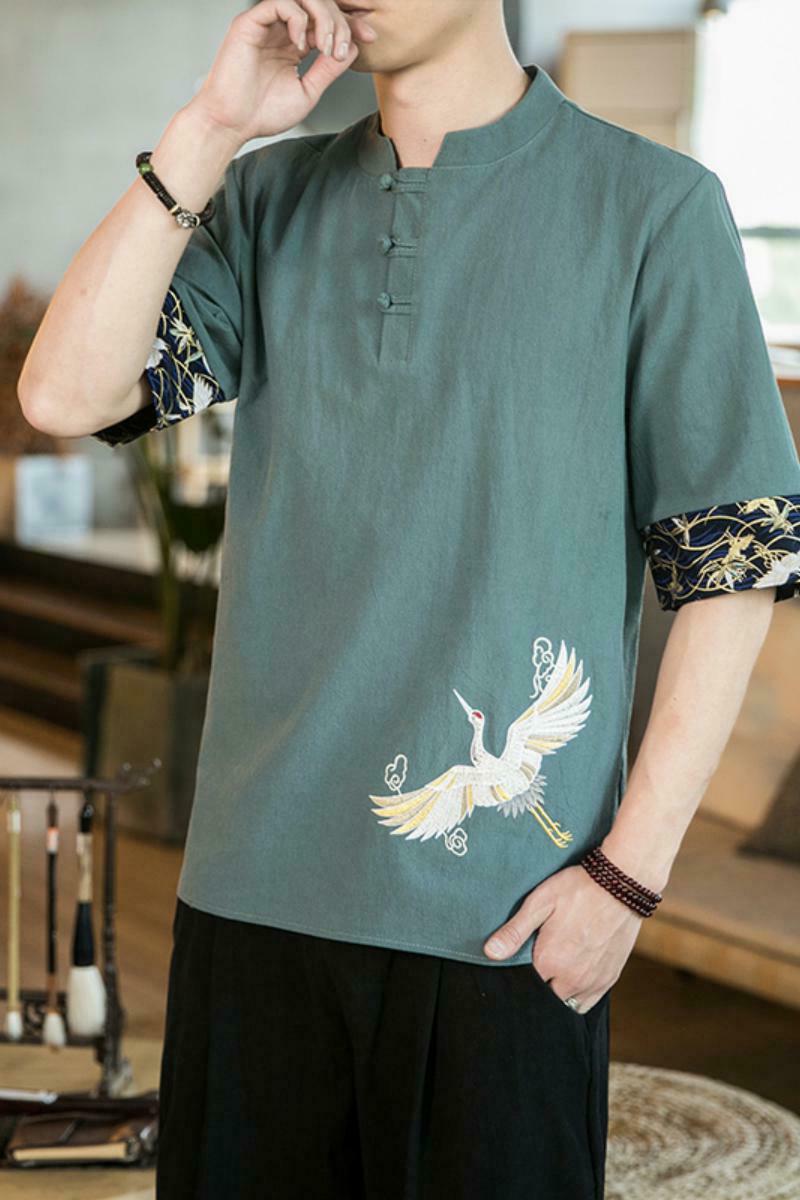 新中式夏季薄款仙鹤刺绣V领盘扣五分袖T恤男A087-1-YM901-P55,男装T恤,电商A087-1