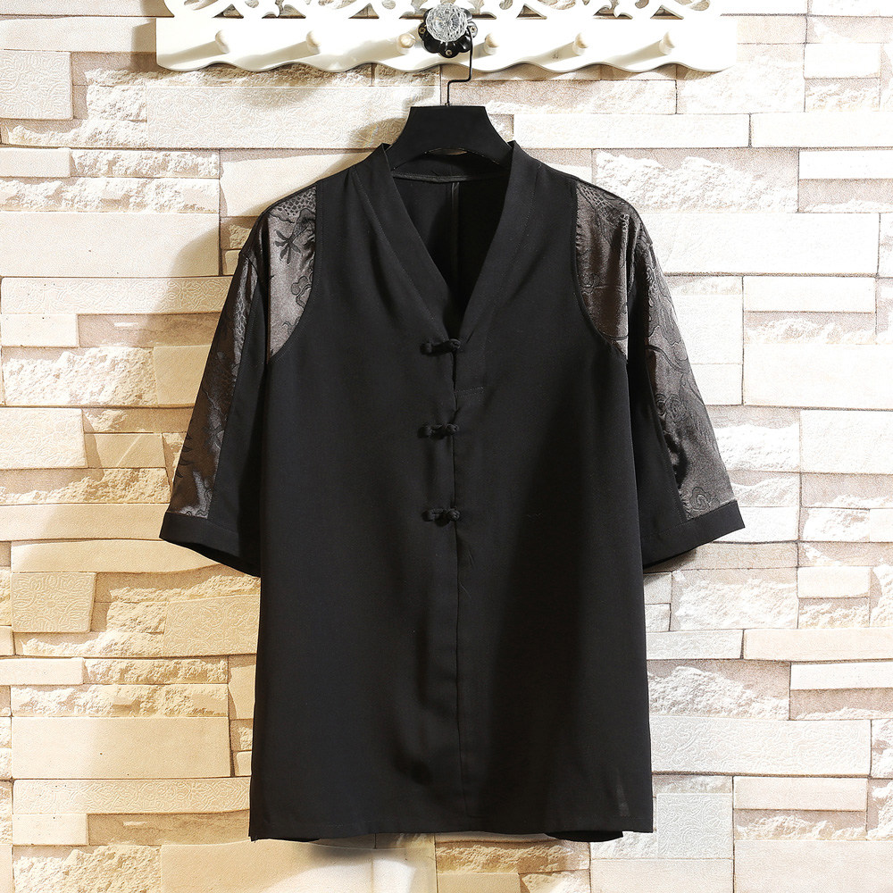 2025风春夏款拼接盘扣宽松汉服唐装短袖T恤A087-1-YM951-P55,男装T恤,电商A087-1