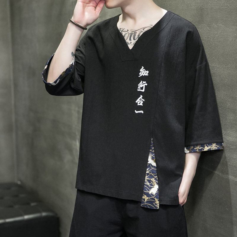 2025新中式刺绣知行合一短袖t恤复古五分袖男A087-1-YM611-P55,男装T恤,电商A087-1