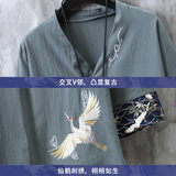 风2025仙鹤刺绣棉麻V领盘扣T恤古风短袖A087-1-YM912-P55控65，男装T恤，电商A087-1