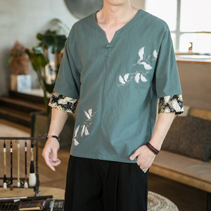 风夏季仙鹤刺绣薄V领盘扣T恤古风短袖A087-1-YM907-P55 控65图片