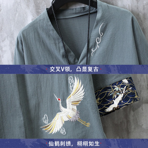 风2025仙鹤刺绣棉麻V领盘扣T恤古风短袖A087-1-YM912-P55控65图片