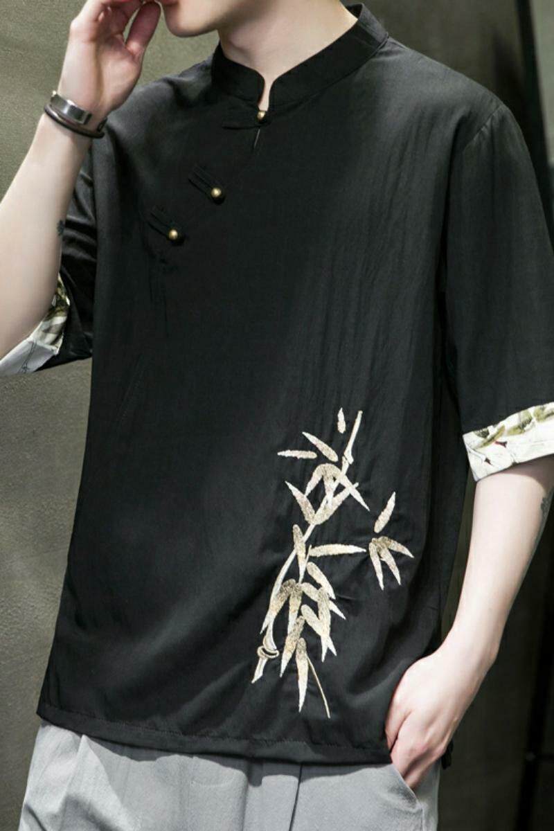 风竹叶刺绣拼接古装T恤八卦扣五分袖上衣男A087-1-YM619-P65,男装T恤,电商A087-1