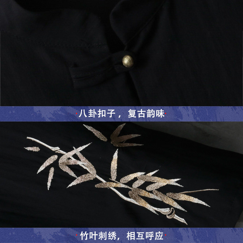 风竹叶刺绣拼接古装T恤八卦扣五分袖上衣男A087-1-YM619-P65,男装T恤,电商A087-1