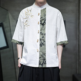 新中式竹扣竹叶刺绣棉麻五分袖提花面料古装衬衫A087-1-YM718-P75，男装T恤，电商A087-1