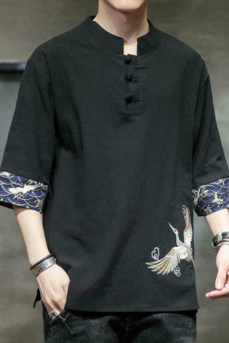新中式夏季薄款仙鹤刺绣V领盘扣五分袖T恤男A087-1-YM901-P55,男装T恤,电商A087-1