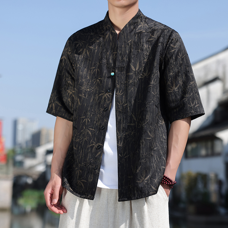 新中式石扣金竹提花短袖透气衬衫暗扣V领宽松衣A087-1-YM656P75，男装T恤，电商A087-1