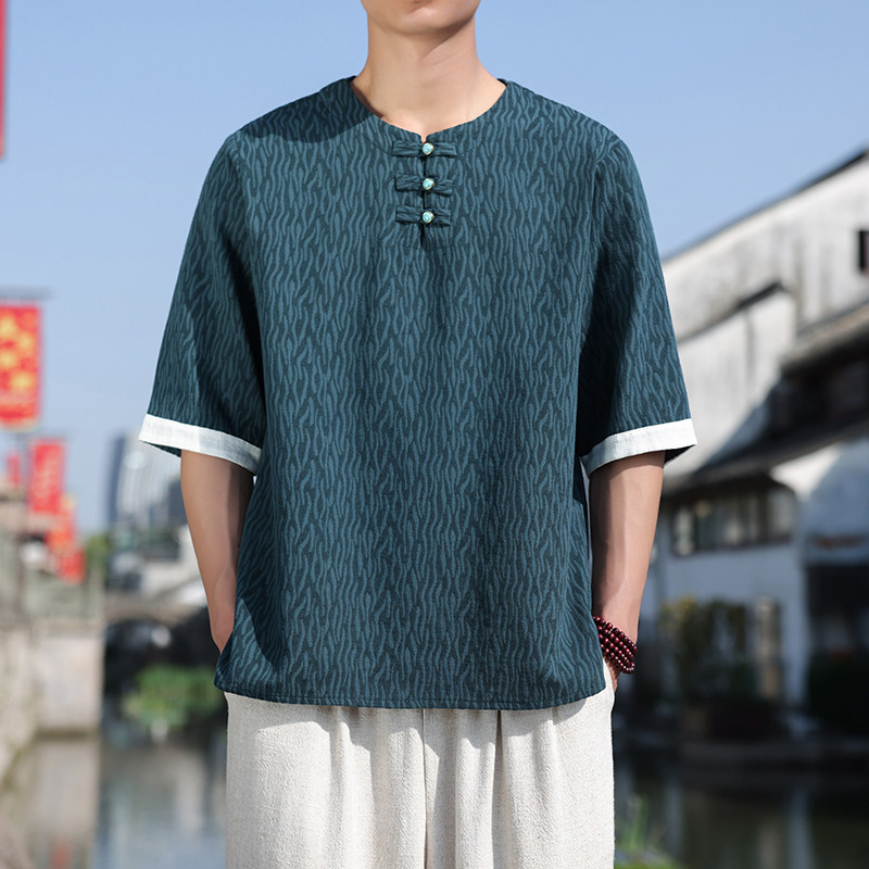 新中式半袖落肩圆领提花透气日常吸汗百搭短袖A087-7-YM639P55,男装T恤,电商A087-1
