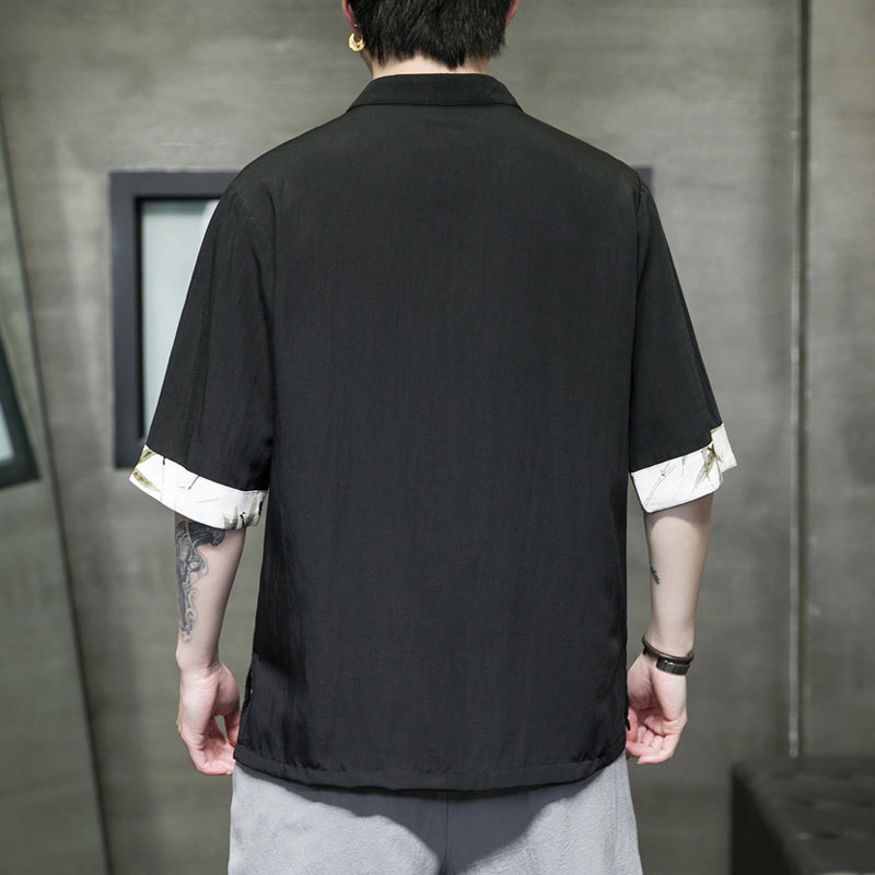 风竹叶刺绣拼接古装T恤八卦扣五分袖上衣男A087-1-YM619-P65,男装T恤,电商A087-1