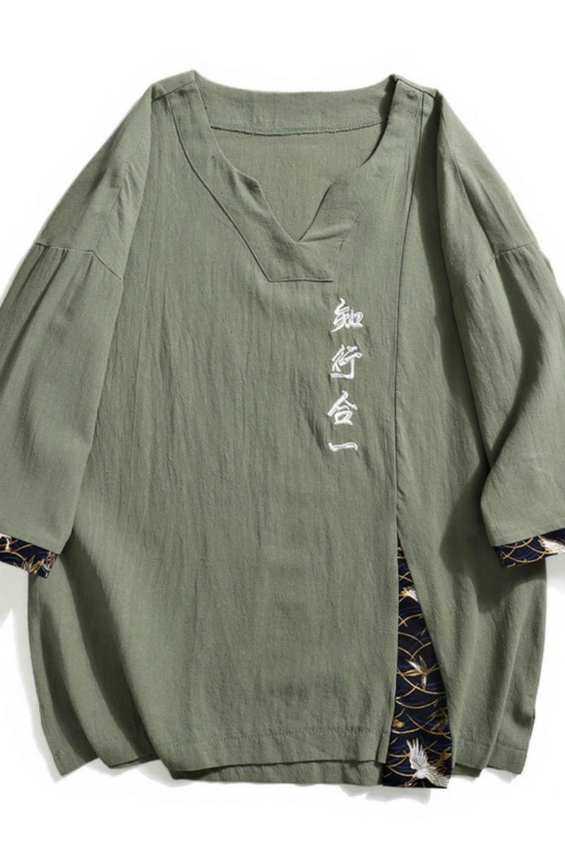 2025新中式刺绣知行合一短袖t恤复古五分袖男A087-1-YM611-P55,男装T恤,电商A087-1
