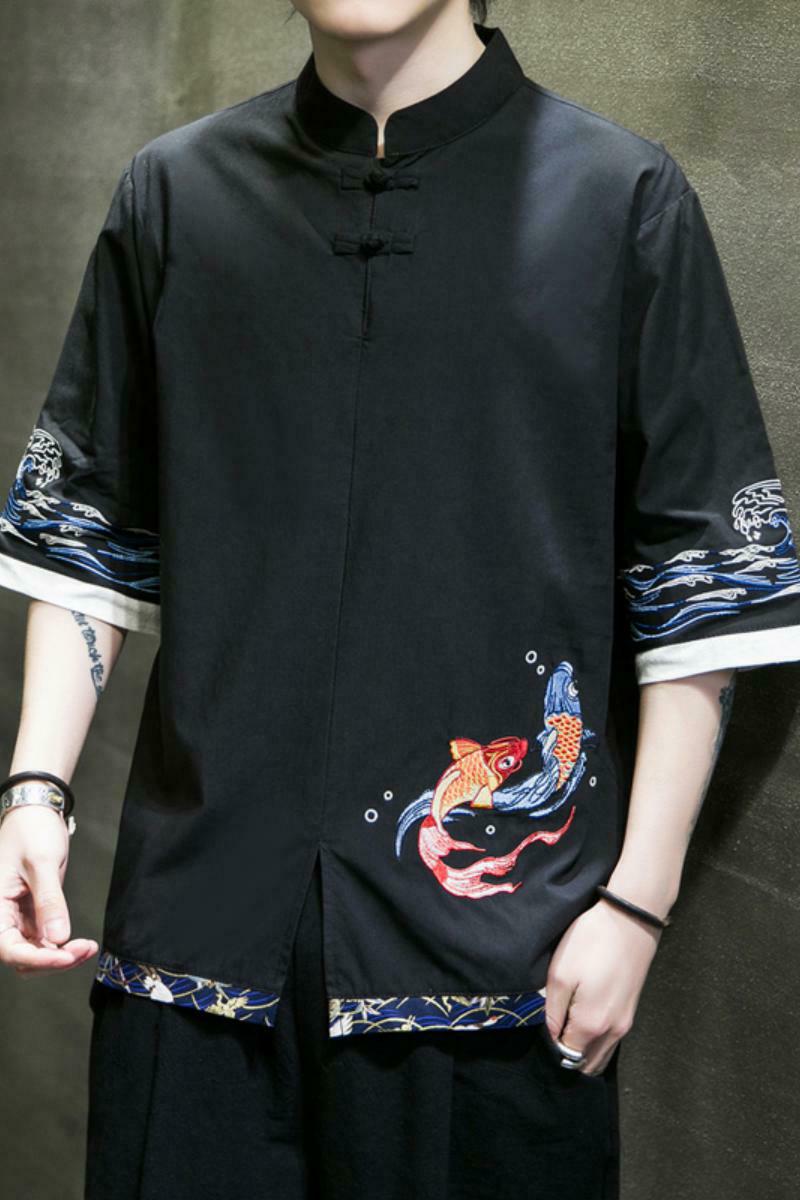 风春夏款锦鲤刺绣拼接盘扣五分袖宽松衬衫男A087-1-YM953-P65,男装T恤,电商A087-1