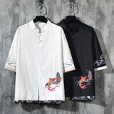 风春夏款锦鲤刺绣拼接盘扣五分袖宽松衬衫男A087-1-YM953-P65，男装T恤，电商A087-1