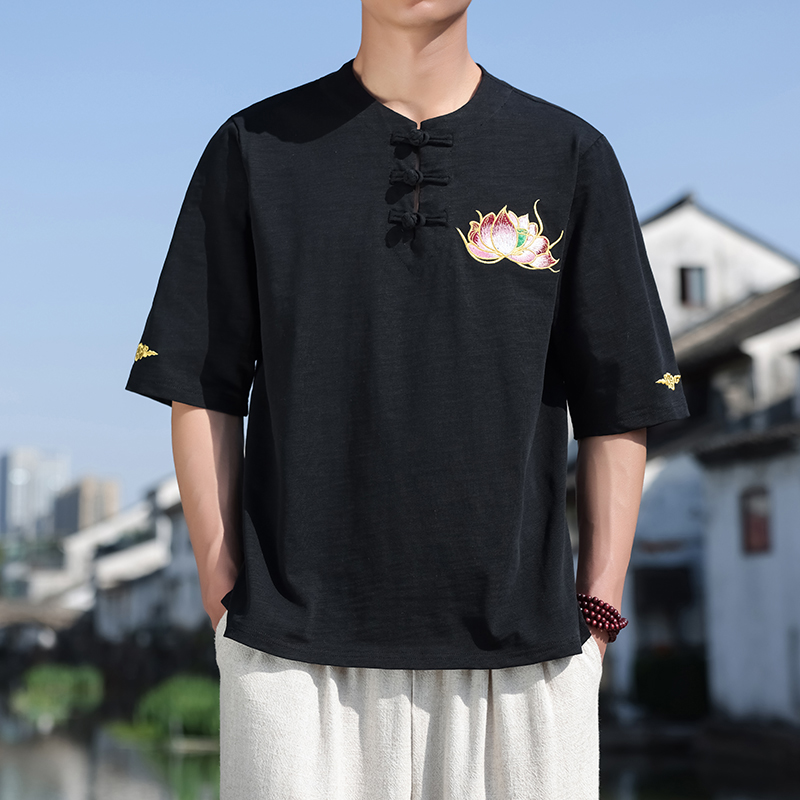 纯棉时尚新中式莲花刺绣盘扣祥云透气纯色五分袖A087-1-YM660P65，男装T恤，电商A087-1