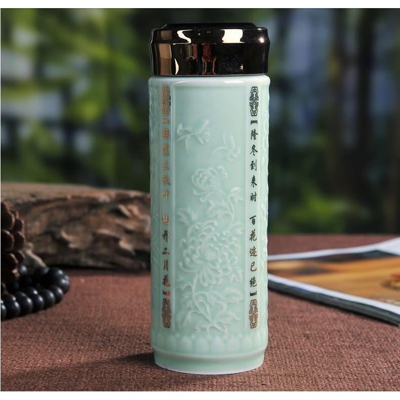 景德镇浮雕陶瓷保温杯男女商务瓷器水杯双层防烫车载泡茶杯子礼品