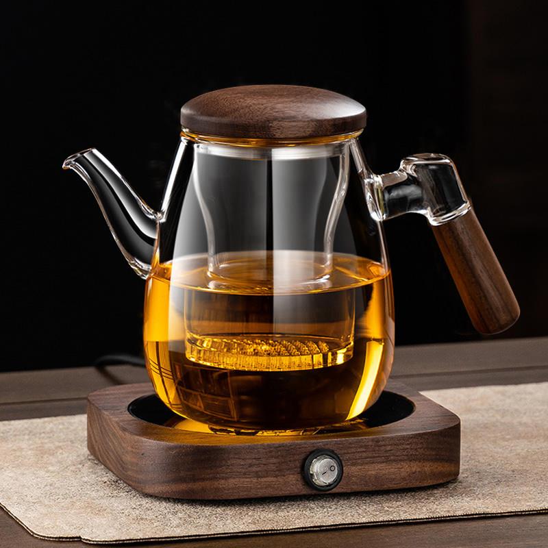 防爆玻璃泡茶杯茶水分离过滤冲茶器三件杯家用花茶杯胡桃木泡茶壶