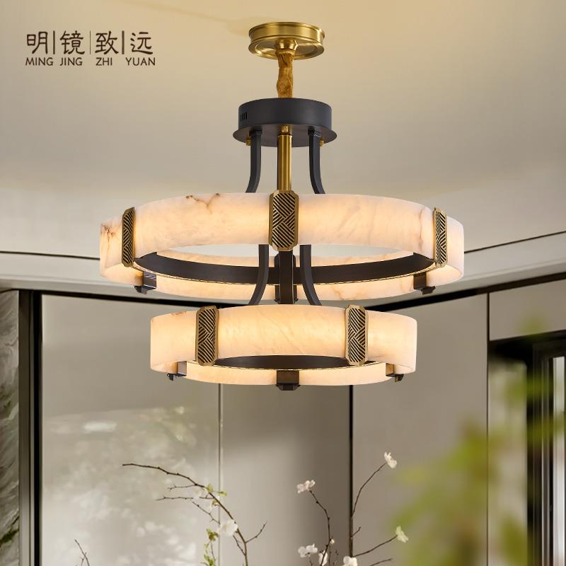 新中式客厅云石吊灯全铜中国风高端智能LED别墅饭厅灯具2025新款