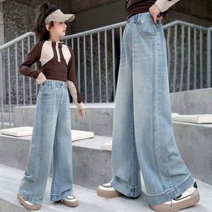 女童裤子春秋款2026新款直筒牛仔裤大童宽松儿童阔腿裤春装初中生