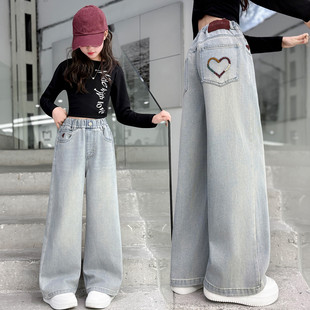 女童牛仔裤春秋2026新款儿童浅色直筒裤洋气女孩春装宽松阔腿裤