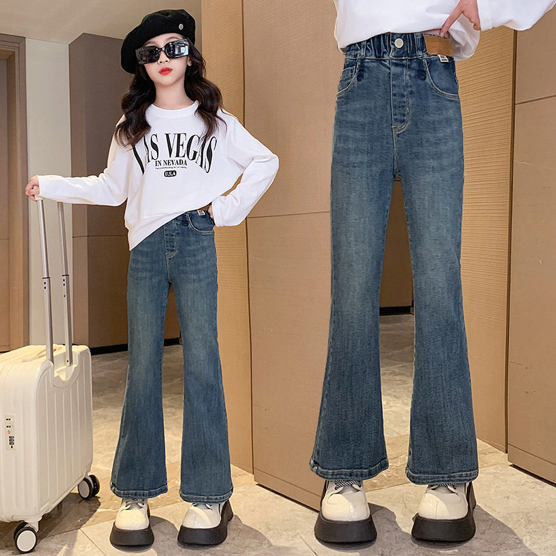 女童喇叭裤秋冬加绒2024春秋款新款一体绒儿童牛仔裤子加厚微喇裤