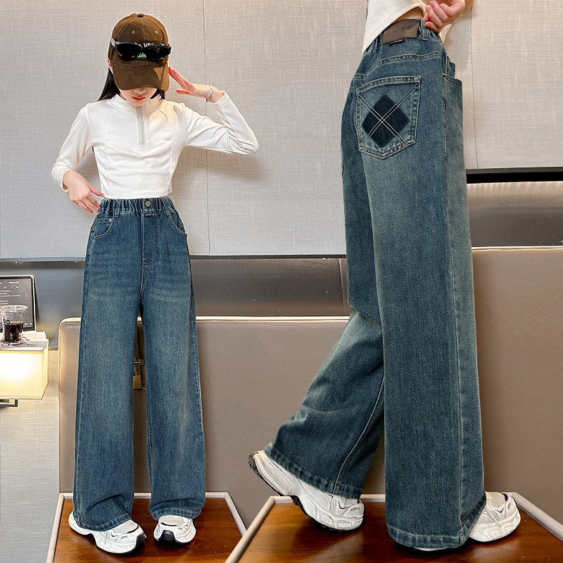 女童裤子2024新款春秋款阔腿牛仔裤大童宽松洋气炸街儿童直筒长裤