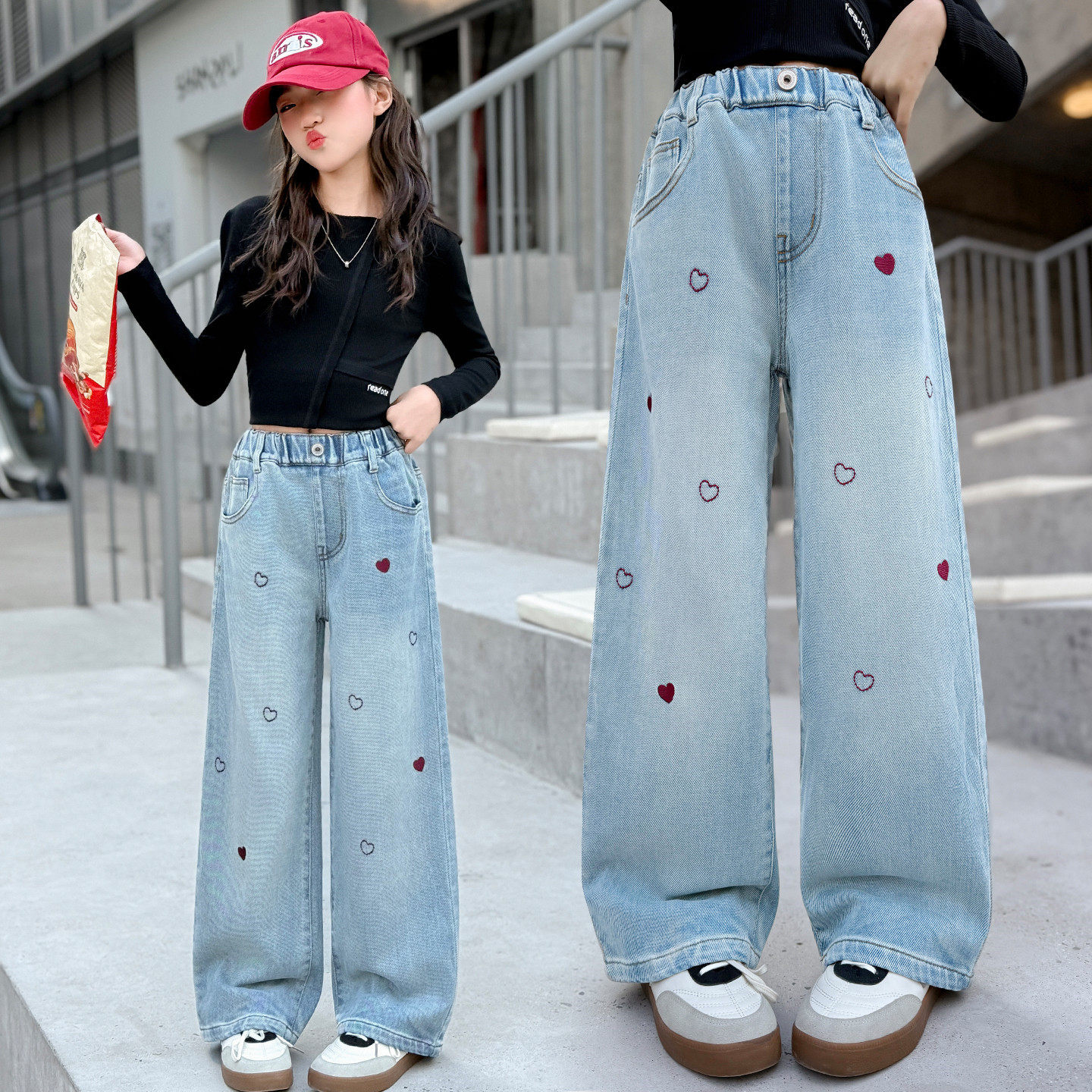 女童阔腿牛仔裤春秋款2026新款直筒大童裤子宽松春季爱心女孩春装