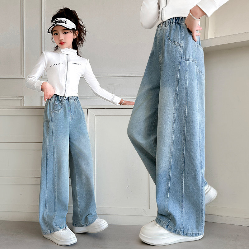 女童阔腿牛仔裤春秋款2025新款中大童直筒裤子窄版浅色初中生春装