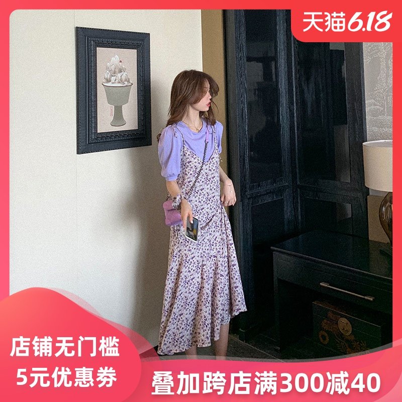 菡薇妮雪纺吊带裙两件套夏季小仙女碎花裙短袖连衣裙时尚套装裙子