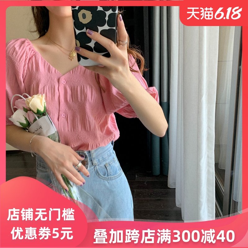 菡薇妮2020新款泡泡袖V领上衣女夏季韩版百搭宽松短款小仙女小衫