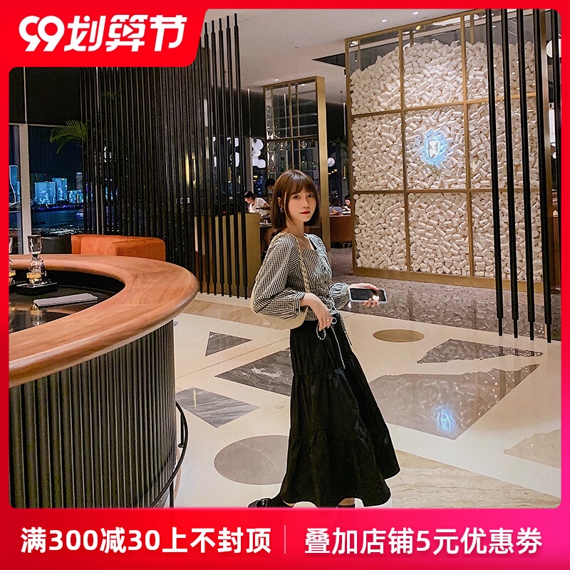 菡薇妮格子衬衫女2020秋季新款复古港味半身裙套装时尚衬衣两件套