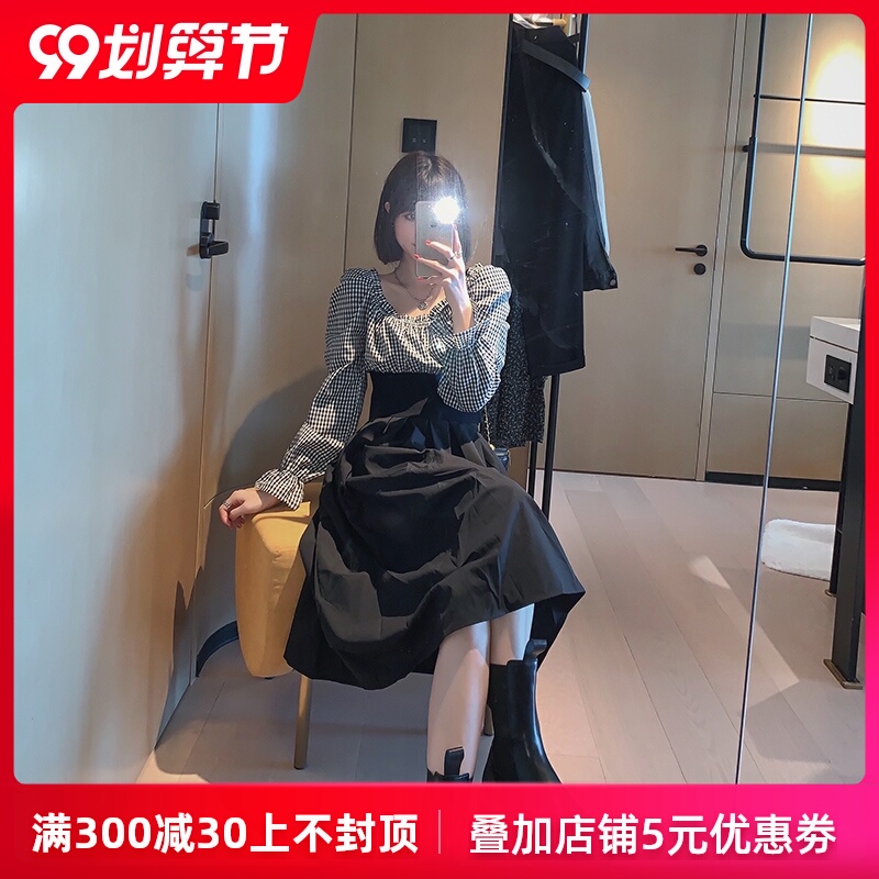 菡薇妮拼接格子上衣女2020初秋季新款泡泡袖衬衫设计感半身裙套装