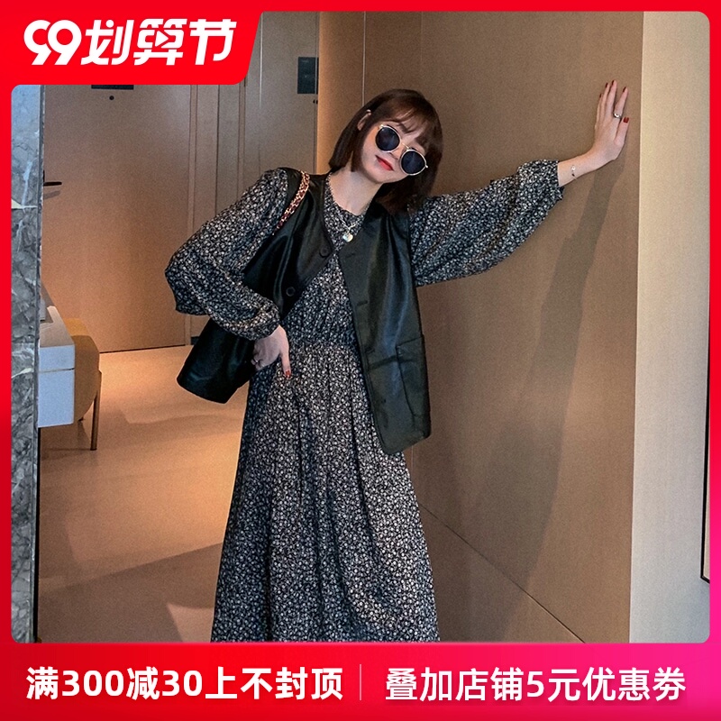菡薇妮碎花连衣裙女2020初秋季新款中长款仙女裙牛仔外套时尚套装