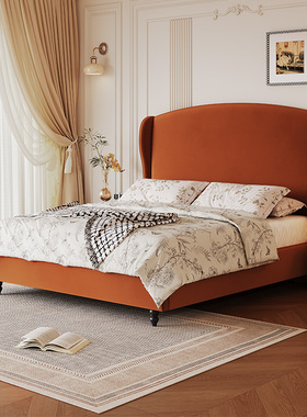 法式轻奢布艺床现代简约1.5米橙色主卧室新古典美式实木双人婚床