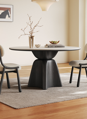 黑色实木餐桌小户型佛山高端家用圆桌轻奢现代简约哑光岩板餐桌