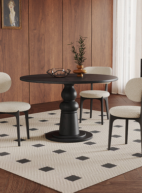 法式复古风实木圆桌小户型1.1米黑色实木面美式仿古圆形实木餐桌