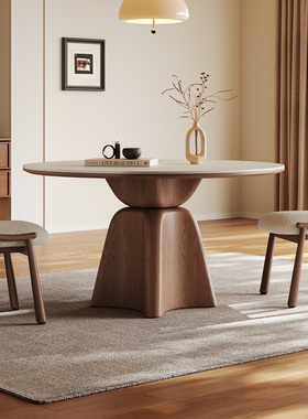 中古实木餐桌圆形家用1.2米意式轻奢侘寂风新款全托哑光岩板餐桌