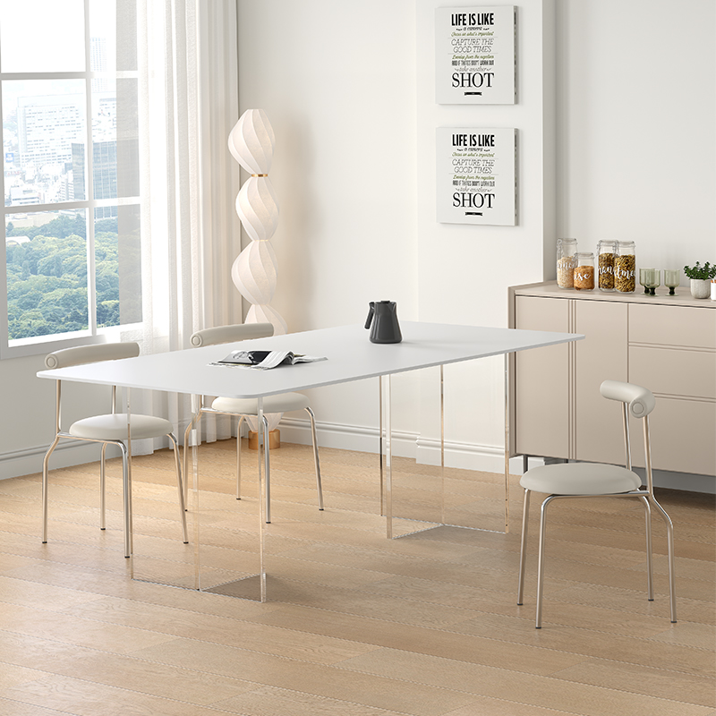 网红奶油风悬浮款亚克力岩板餐桌