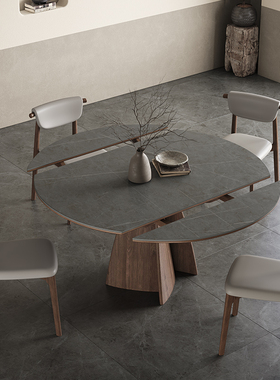 可伸缩圆餐桌轻奢高端小户型方圆两用多功能旋转意式实木岩板餐桌