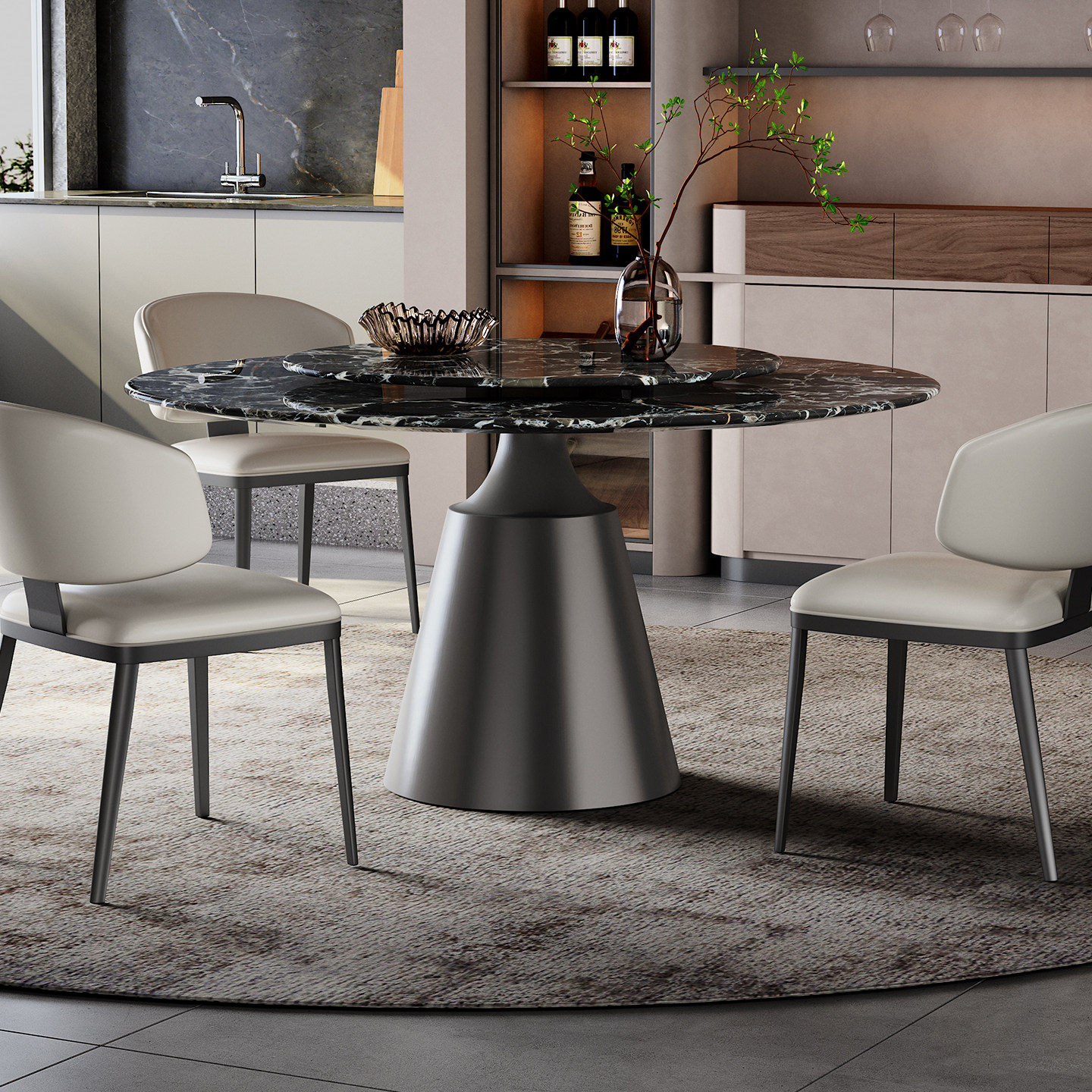 天然大理石圆桌带转盘家用高端小户型意式轻奢高端黑玫瑰奢石餐桌