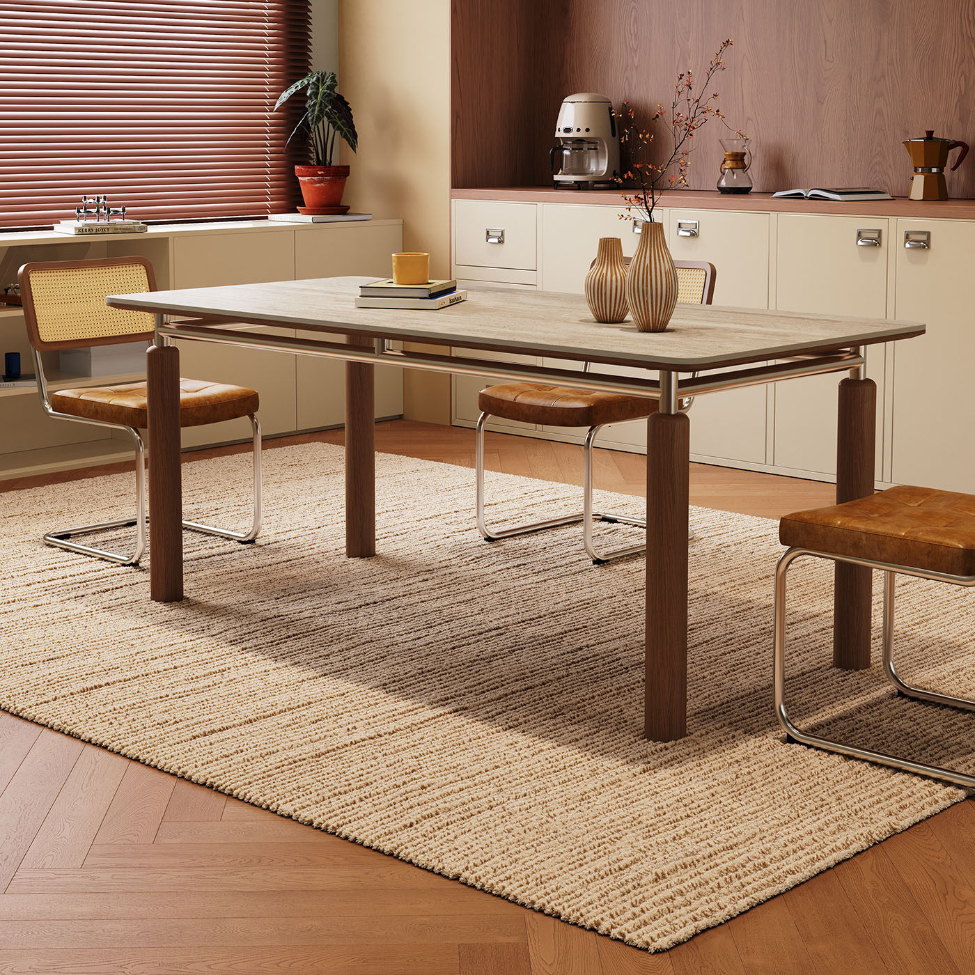 包豪斯实木餐桌长方形家用小户型2025新款高端中古风洞石岩板餐桌