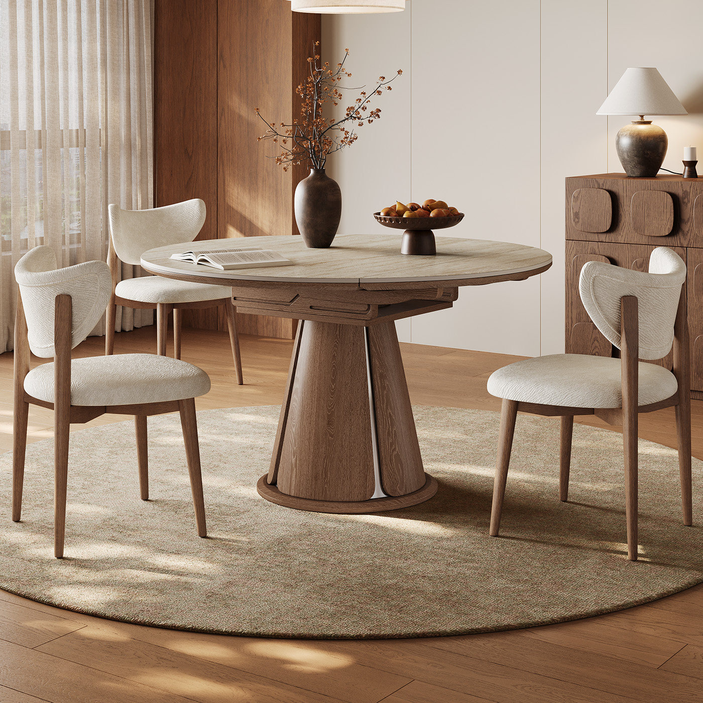 中古风伸缩岩板餐桌可变圆桌小户型胡桃木色客厅家用全托实木餐桌