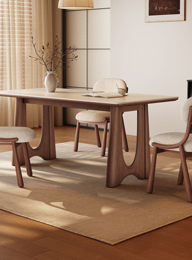 中古风实木餐桌小户型家用2025新款广东佛山全托白色哑光岩板餐桌