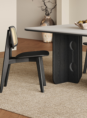 法式实木餐椅轻奢高端家用客厅餐厅现代简约靠背黑色复古藤编椅子