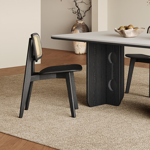 法式实木餐椅轻奢高端家用客厅餐厅现代简约靠背黑色复古藤编椅子