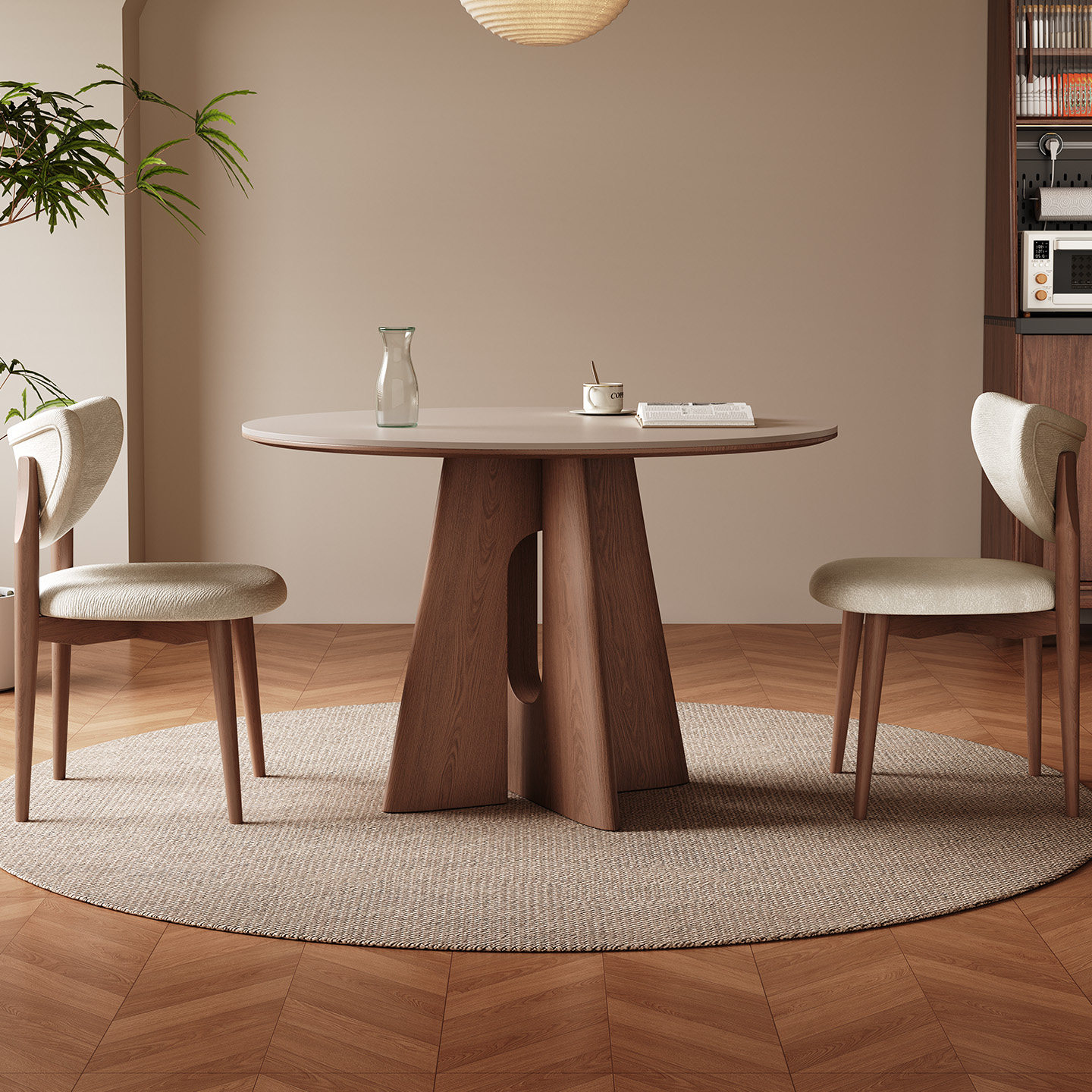 奥古斯特岩板餐桌圆桌洞石家用中古风2026新款小户型圆形实木餐桌