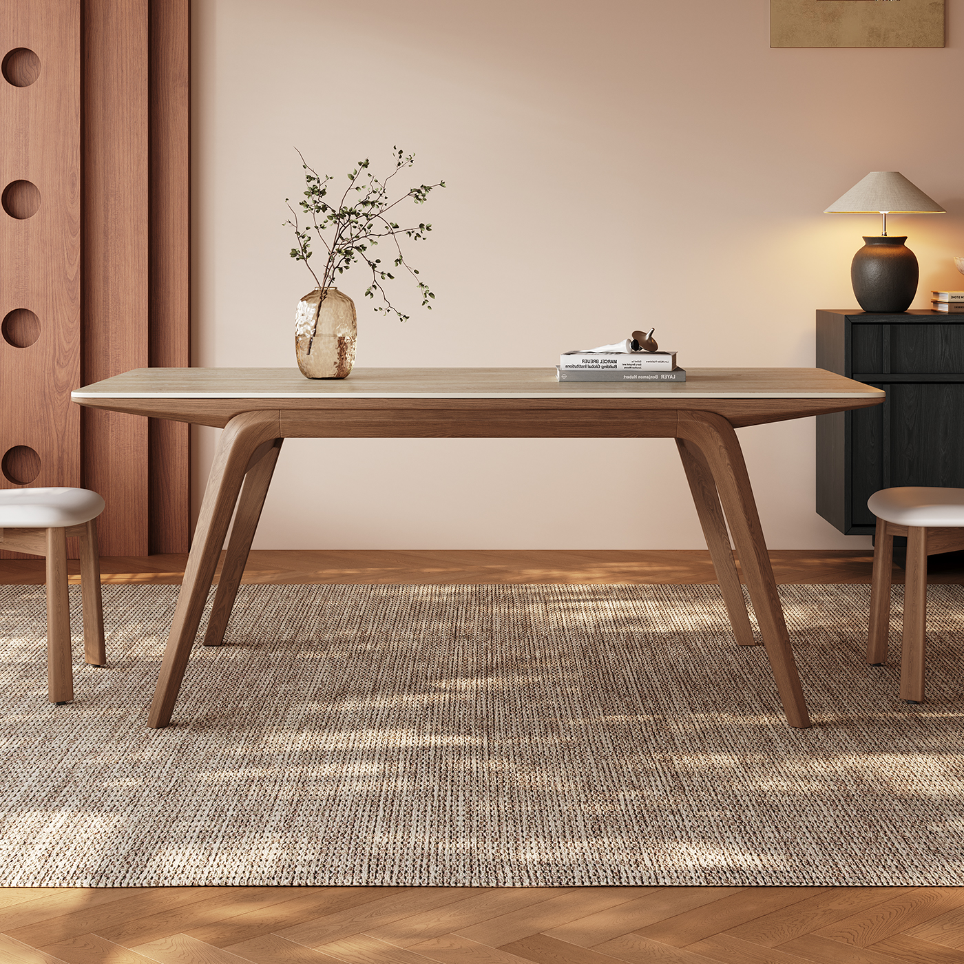 奥古斯特长方洞石岩板餐桌