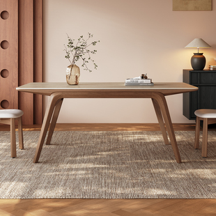 中古风实木餐桌2025新款 家用高端饭桌现代简约长方形洞石岩板餐桌