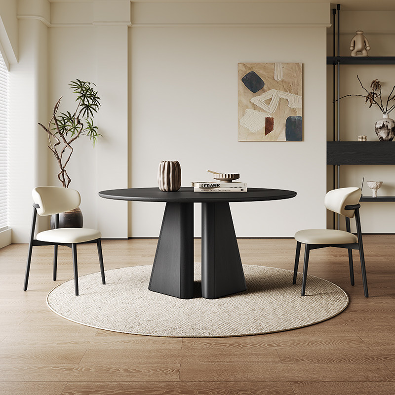 意式黑色实木餐桌椅圆形1.5米高端家用10人复古风全实木岩板圆桌